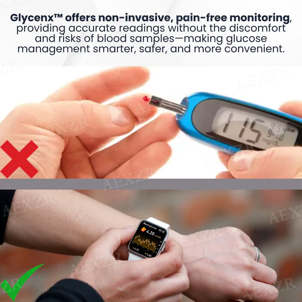 Monitor glucose levels discreetly with the stylish and comfortable Glycenx™ AI Blood Glucose Monitoring Wristband.